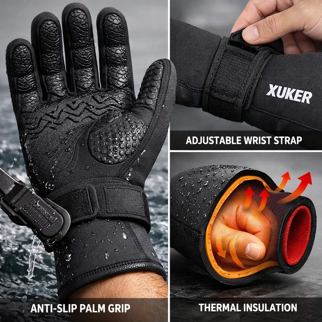 Detailed showcase of XUKER Water Gloves demonstrating the palm grip pattern, wrist adjustment strap, and thermal insulation