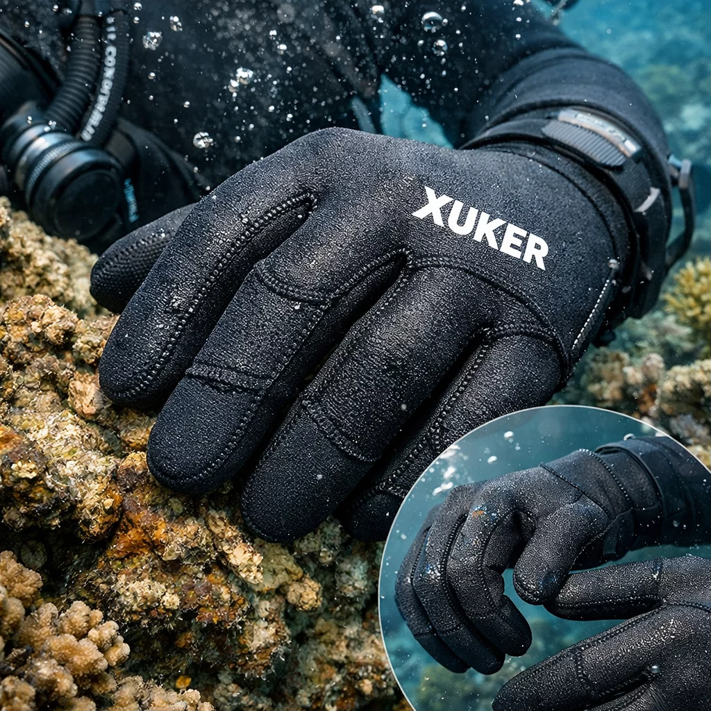 Detailed showcase of XUKER Water Gloves highlighting the neoprene material texture, stitching quality, and finger