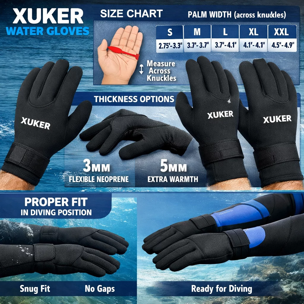 Detailed showcase of XUKER Water Gloves showing size comparison chart, thickness options (3mm vs 5mm), and proper fit on