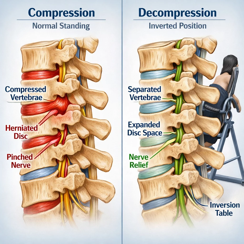 Detailed () technical illustration showing a side-view cross-section of the human spine in two states: left side showing