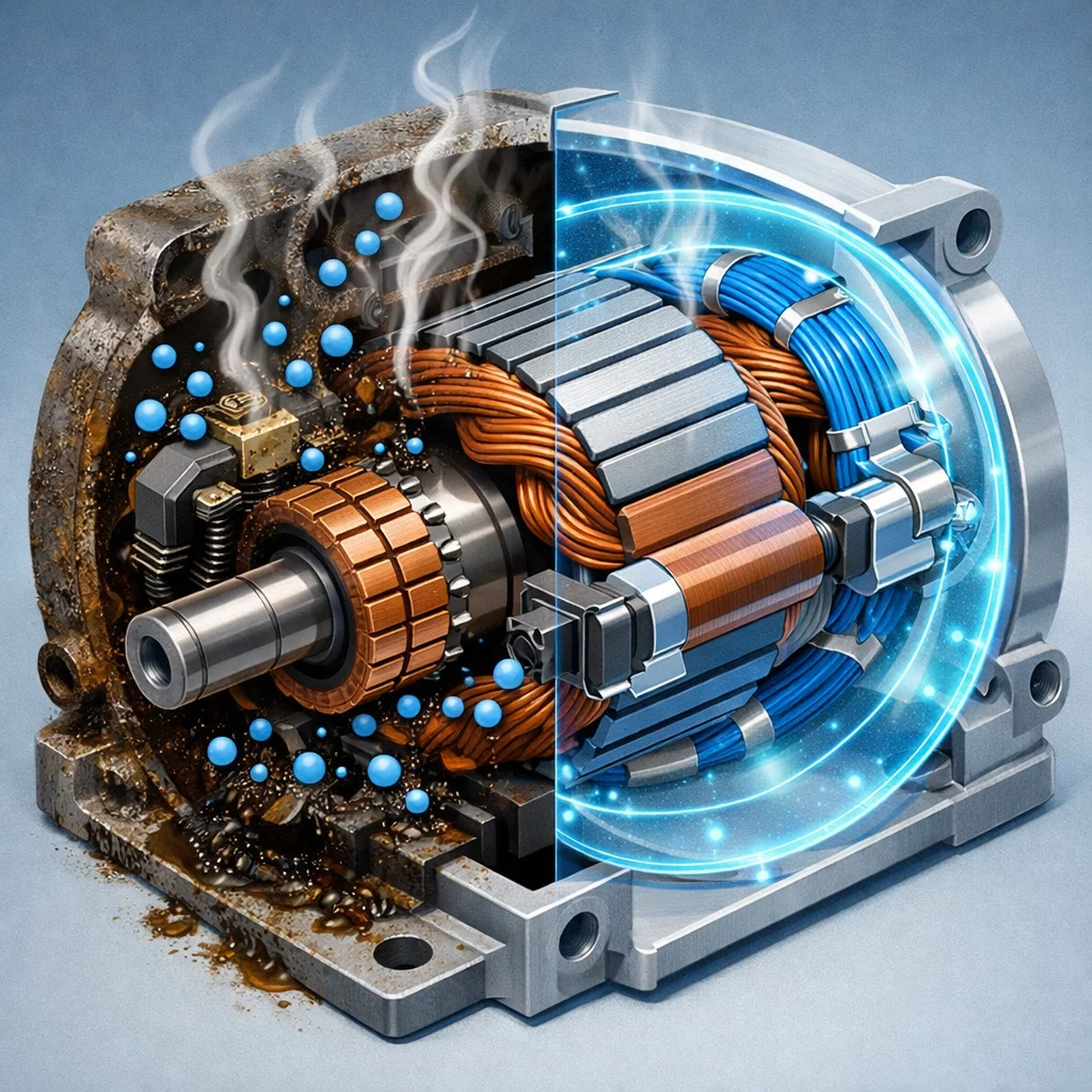 Detailed () technical illustration showing cross-section cutaway view of electric motor internal components including