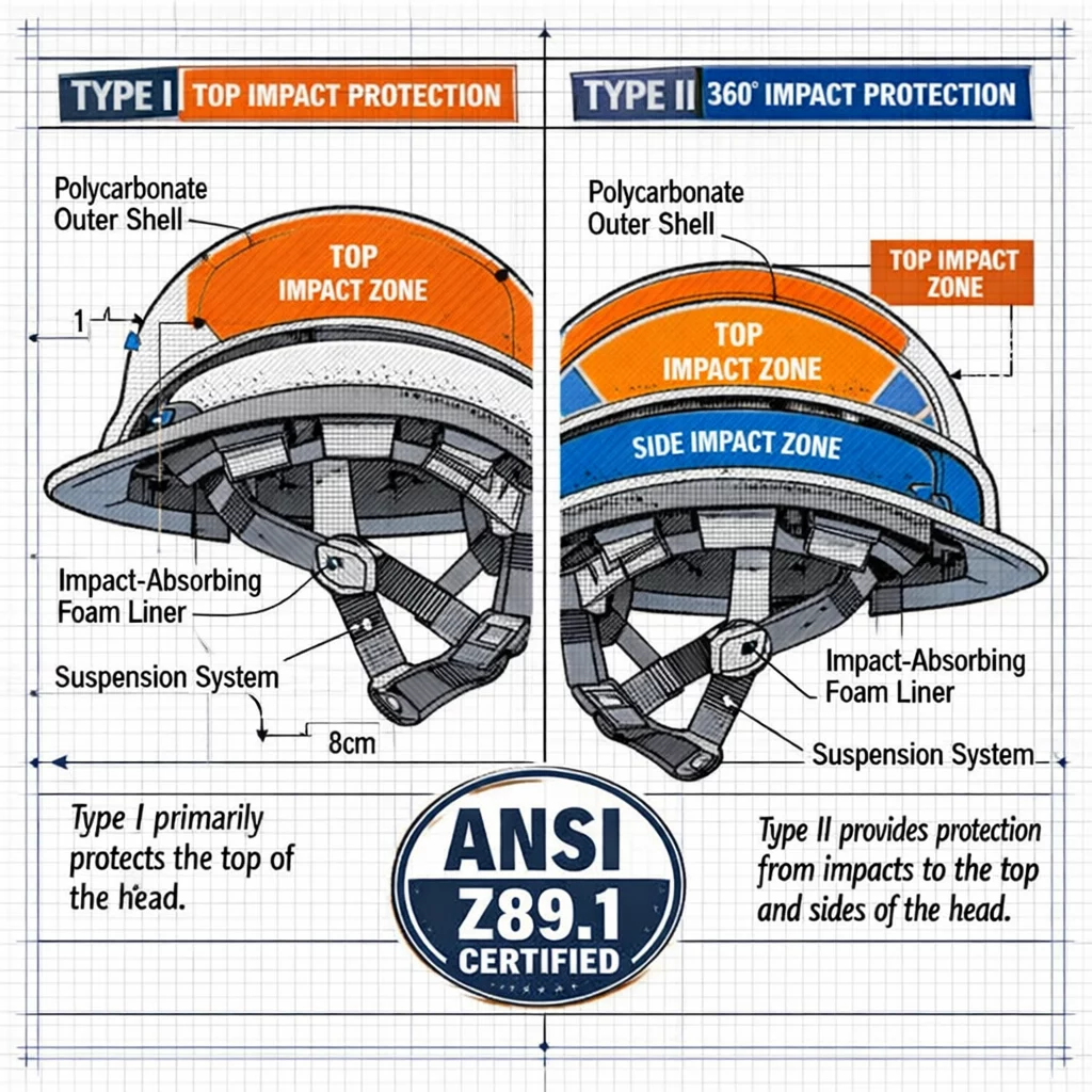Detailed () technical illustration showing cross-section diagram of hardhat construction with labeled layers including outer