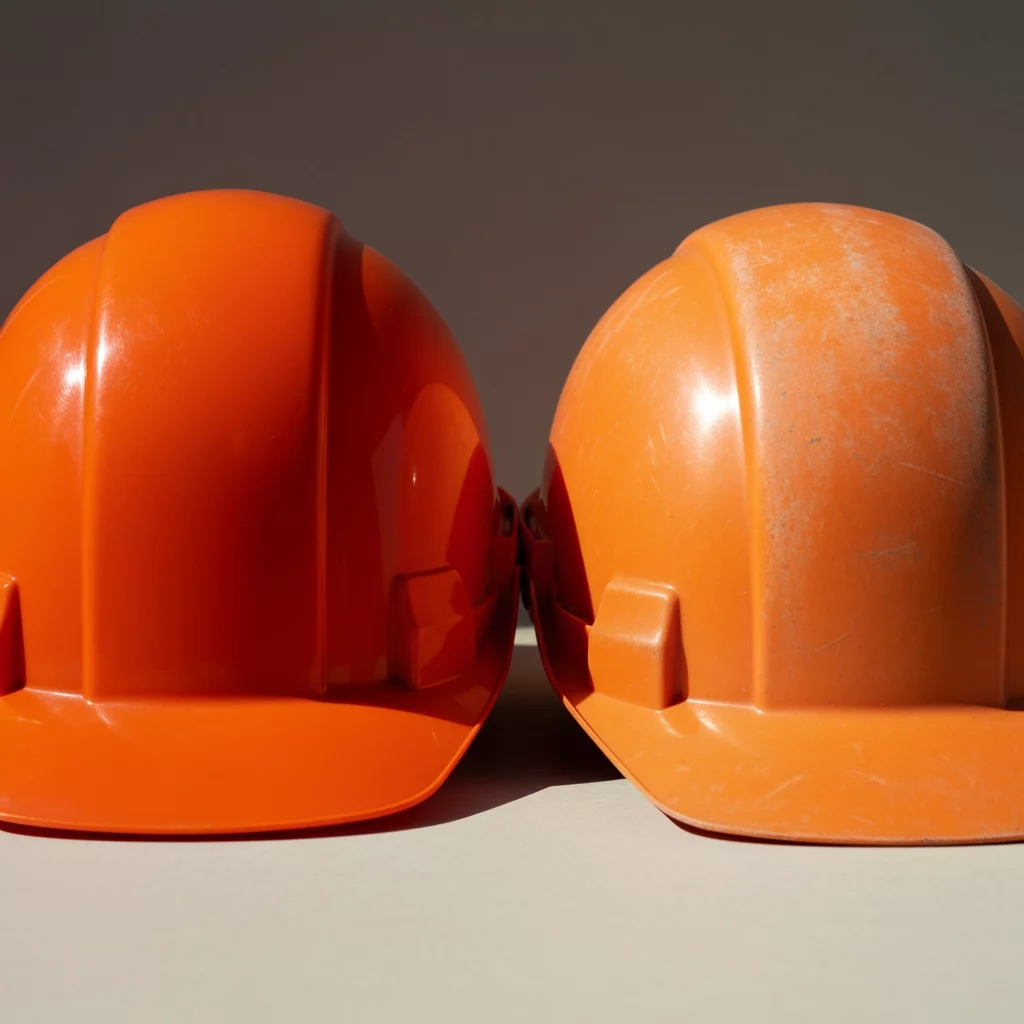 Two orange hard hats, one new and one worn, illustrating the need for impact-resistant polymers.