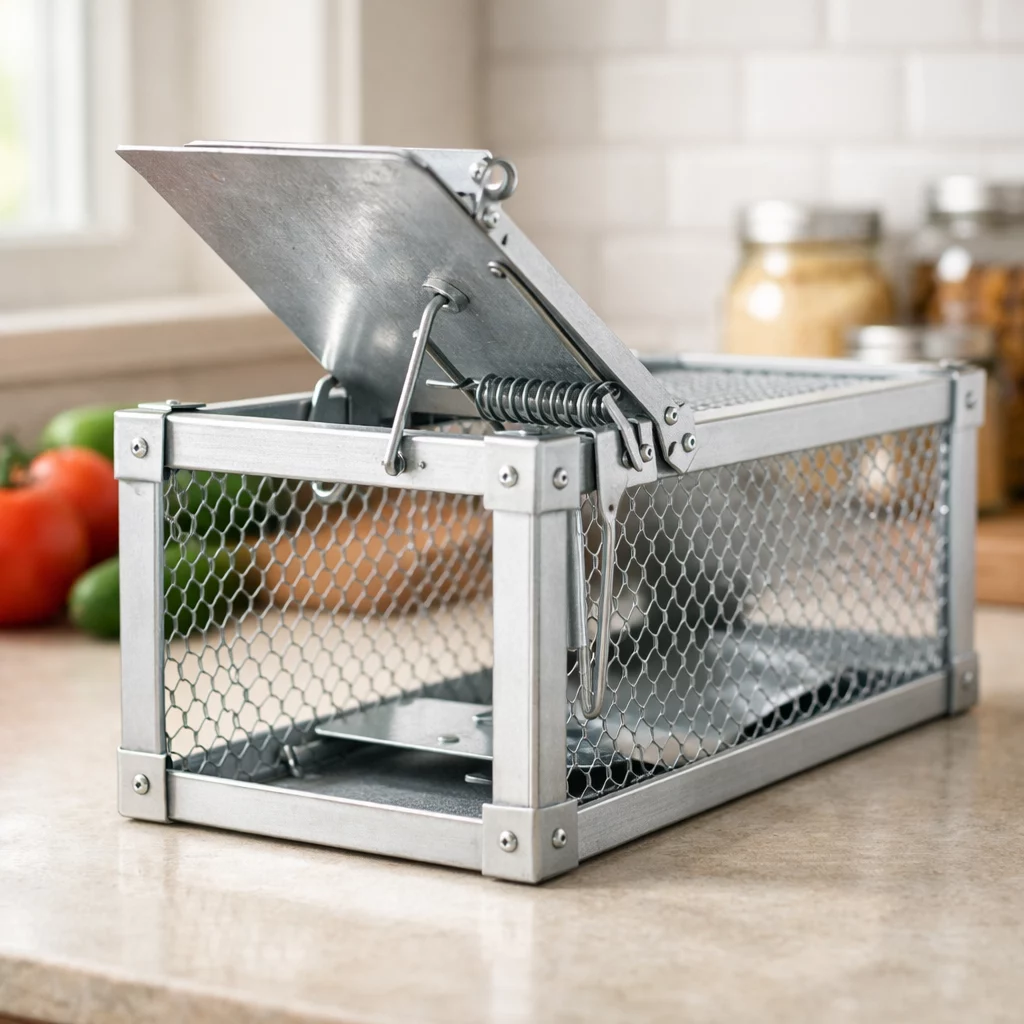 Professional () editorial hero image showing a detailed close-up of a wire mesh humane rat trap with aluminum frame