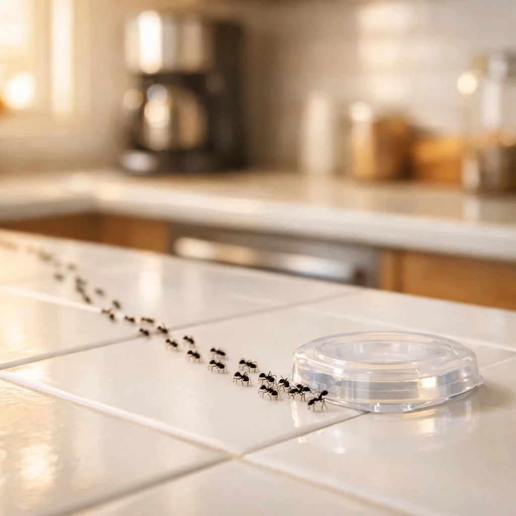 Professional () editorial hero image showing a modern kitchen countertop scene with small black ants trailing along white