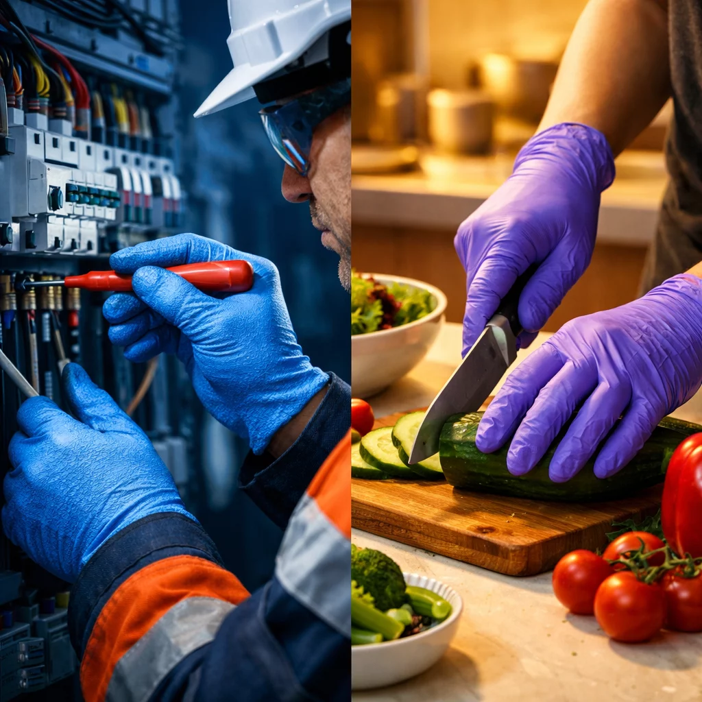 Professional () editorial hero image showing a split-scene composition: left side features a high-voltage electrician in