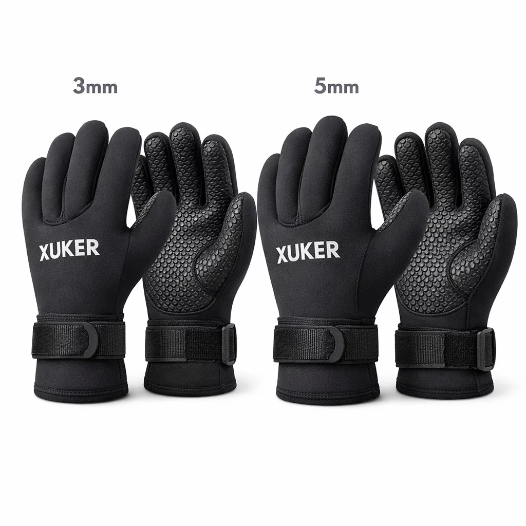 Professional product photography of XUKER Water Gloves 3mm and 5mm neoprene diving gloves in black showing the five-finger