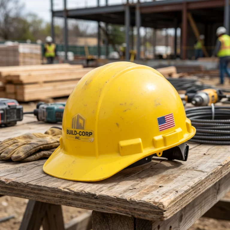 Yellow hardhat with American flag on a construction site. Build-Corp Inc. logo visible. Safety gear and steel beams in background.