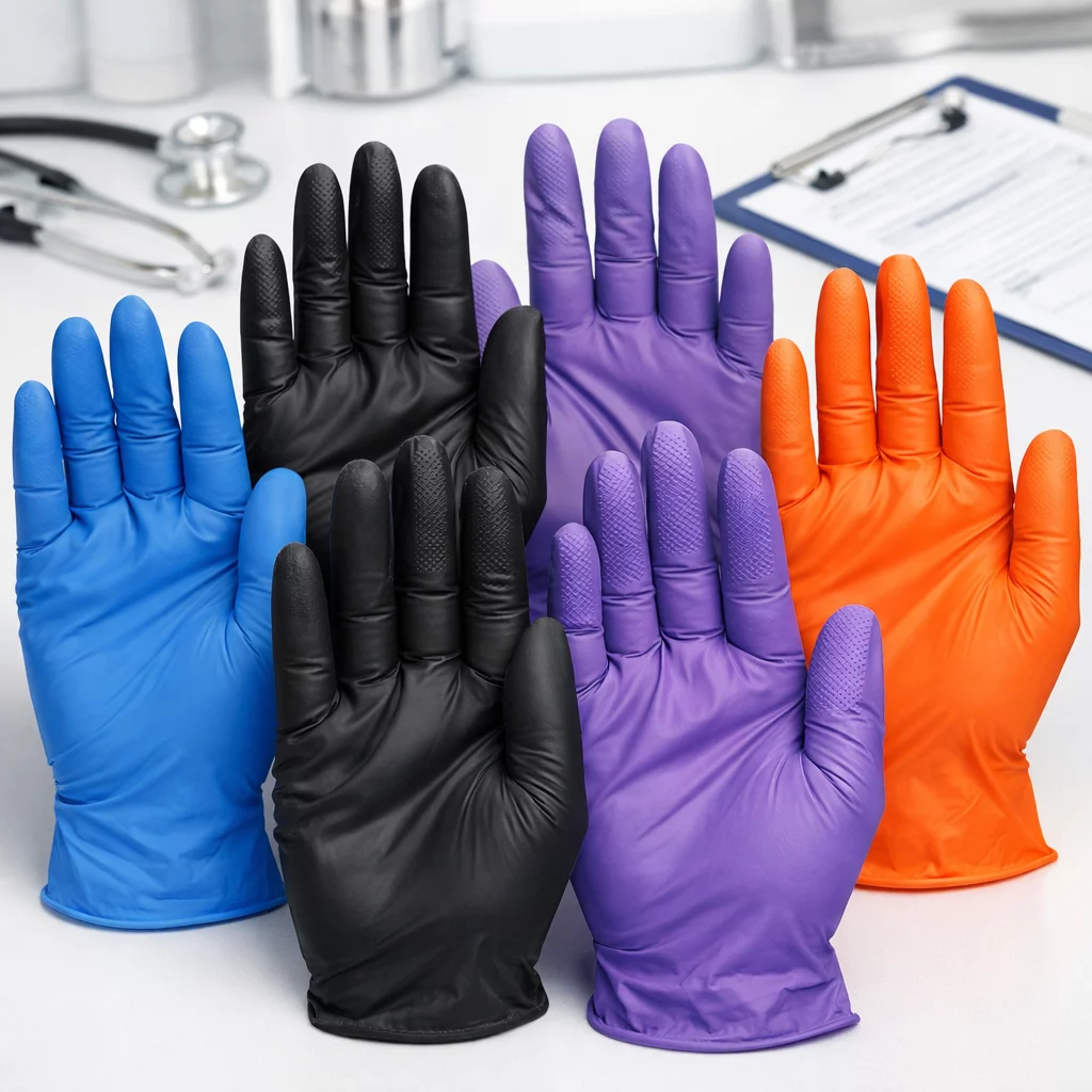 () detailed close-up photograph of multiple pairs of nitrile gloves in various colors (blue, black, purple, orange) arranged