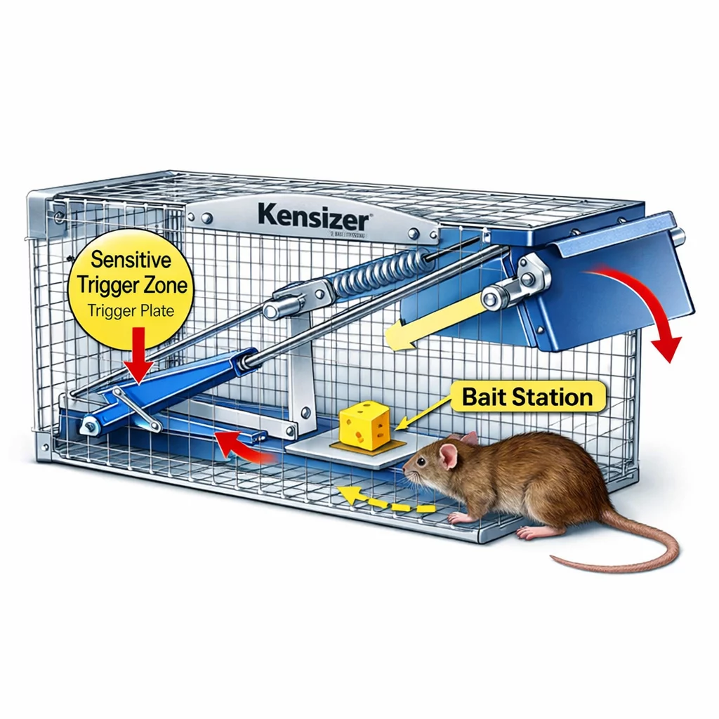 () detailed technical illustration showing cross-section cutaway view of a Kensizer humane rat trap mechanism, transparent