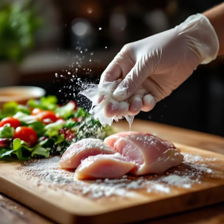 Gloved hand flouring chicken on a cutting board with salad.