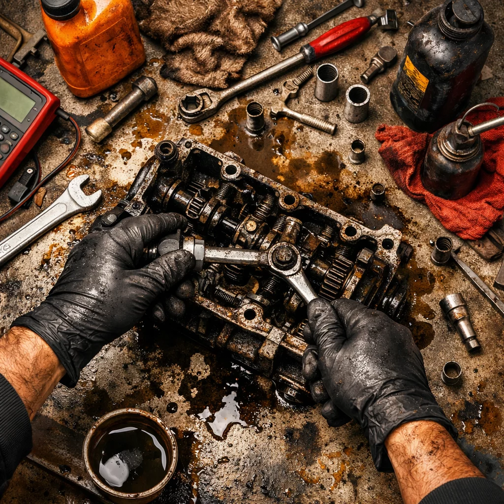 () dynamic action shot of an automotive mechanic's workbench from overhead perspective, showing black nitrile-gloved hands
