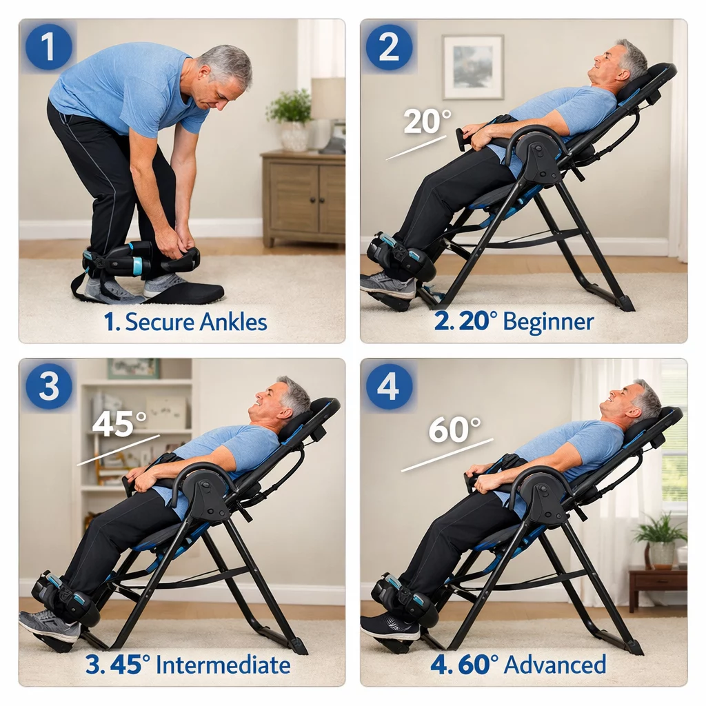 () step-by-step visual guide showing four progressive stages of inversion table use: first panel shows person securing ankle
