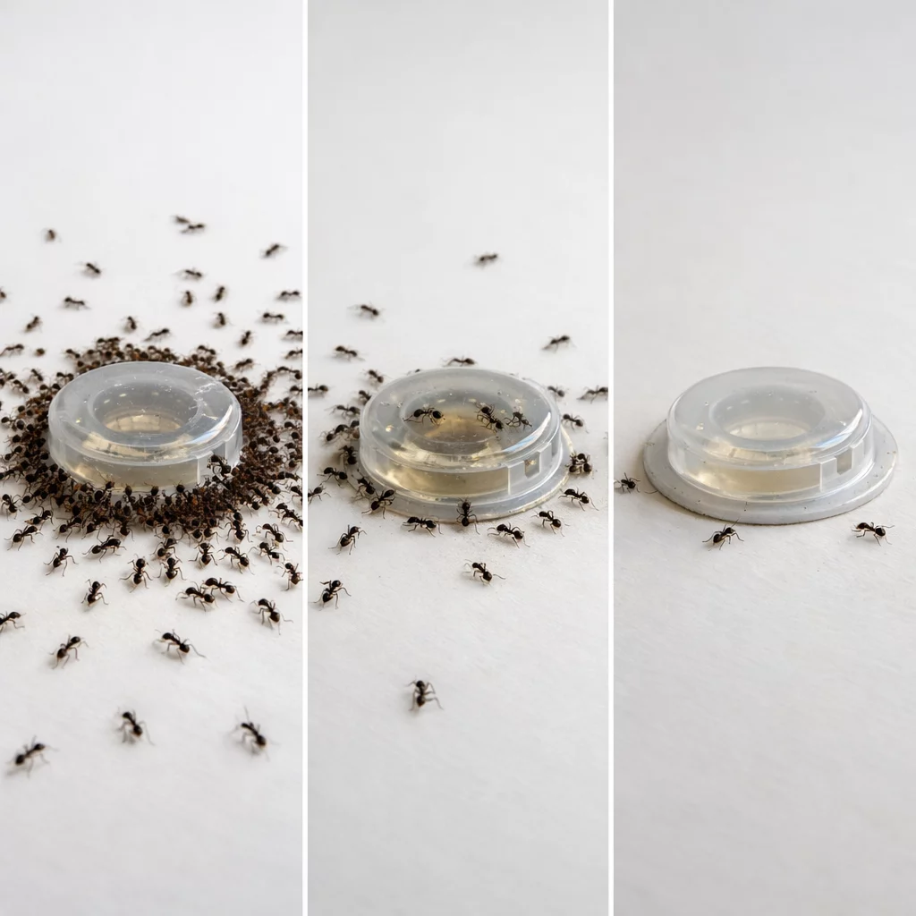 () time-lapse style composite image showing three sequential phases of ant activity around bait station over 14 days, left