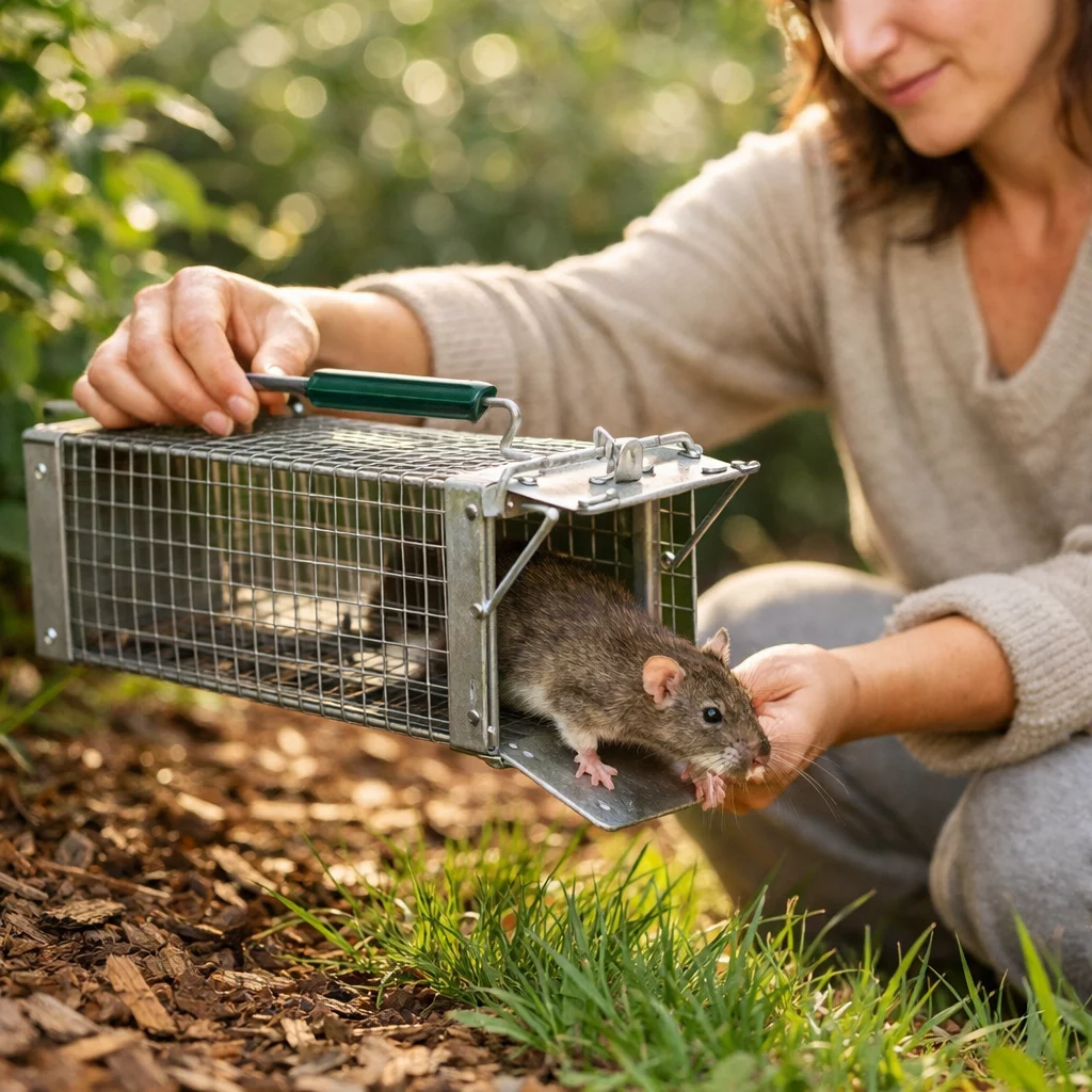 () warm lifestyle photograph showing hands of a woman in casual home clothing safely releasing a captured rat from humane